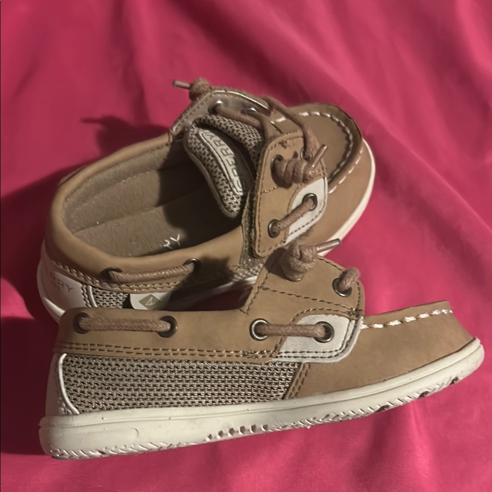 Sperry Tan and White Moccasins with Leather Laces